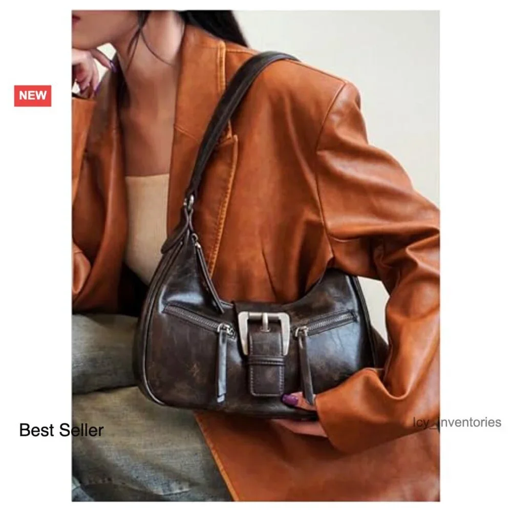 PU Leather Hobo Shoulder Bag with Buckle and Zipper Closure